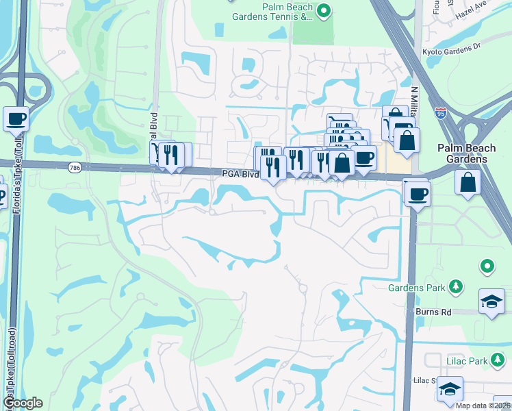 map of restaurants, bars, coffee shops, grocery stores, and more near 5125 Woodland Lakes Drive in Palm Beach Gardens