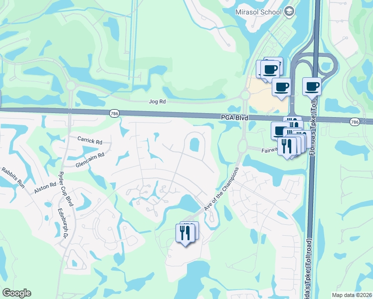 map of restaurants, bars, coffee shops, grocery stores, and more near 19 Cambria Road East in Palm Beach Gardens