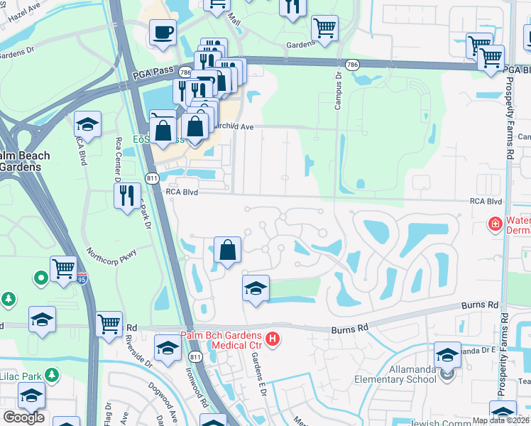 map of restaurants, bars, coffee shops, grocery stores, and more near 5103 Water Oak Court in Palm Beach Gardens