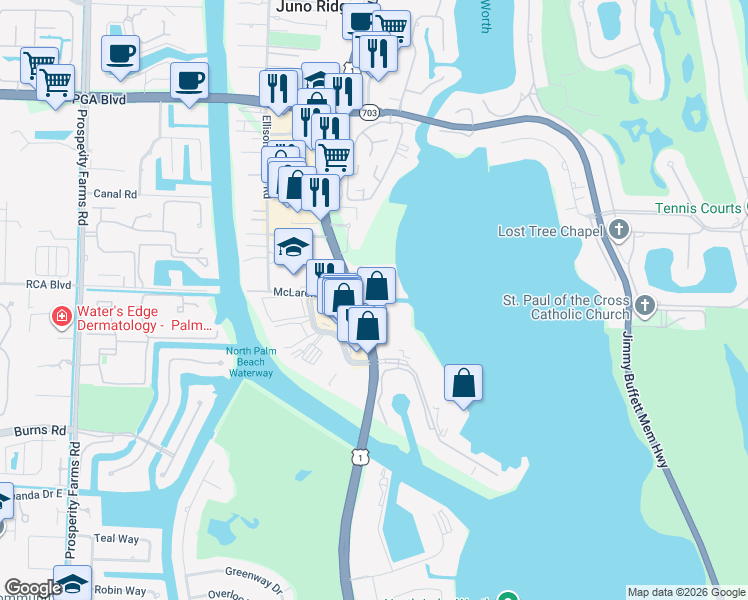 map of restaurants, bars, coffee shops, grocery stores, and more near 3 Water Club Way in North Palm Beach