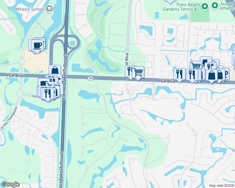 map of restaurants, bars, coffee shops, grocery stores, and more near 11811 Avenue of the PGA in Palm Beach Gardens
