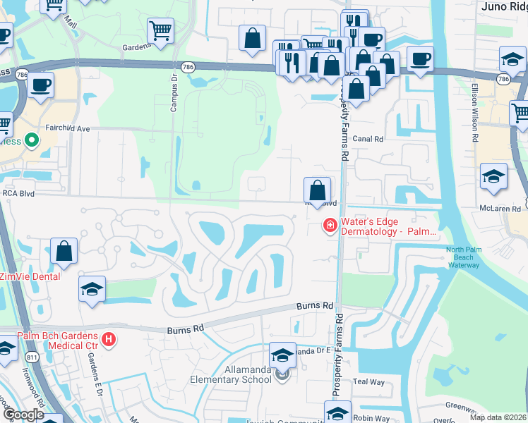 map of restaurants, bars, coffee shops, grocery stores, and more near 124 Lost Bridge Drive in Palm Beach Gardens