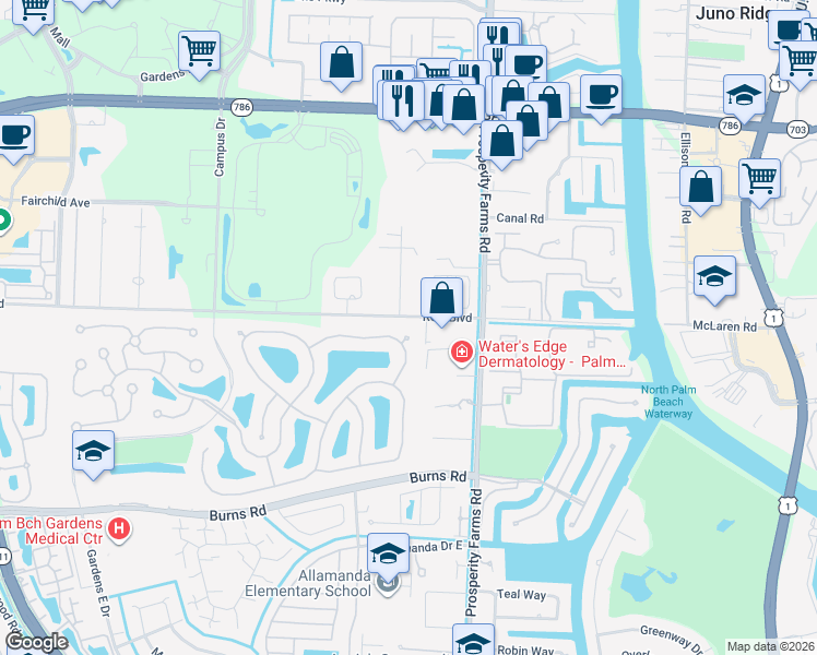 map of restaurants, bars, coffee shops, grocery stores, and more near 148 Lost Bridge Drive in Palm Beach Gardens