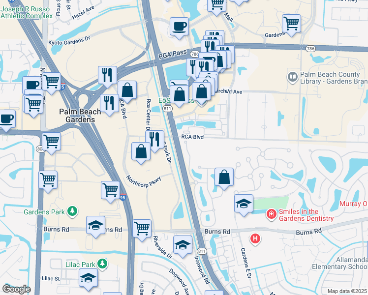 map of restaurants, bars, coffee shops, grocery stores, and more near 193 Santa Barbara Way in Palm Beach Gardens