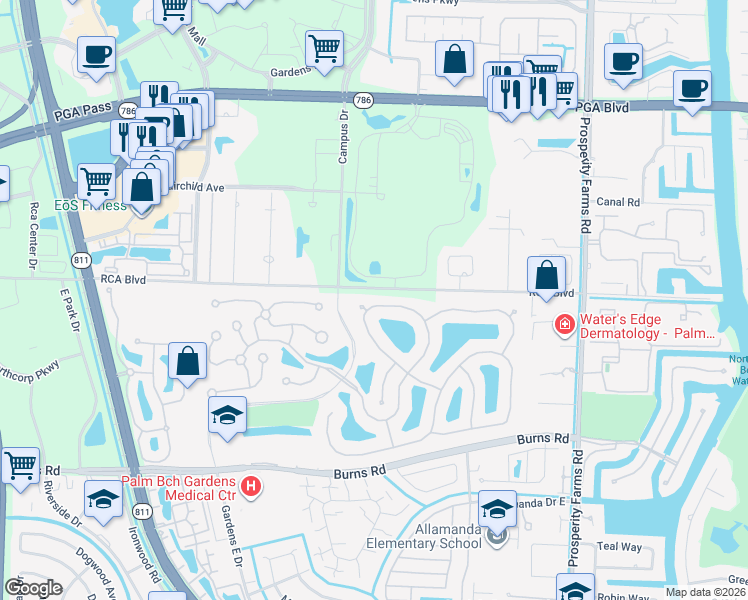 map of restaurants, bars, coffee shops, grocery stores, and more near 199 East Tall Oaks Circle in Palm Beach Gardens