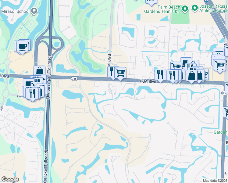 map of restaurants, bars, coffee shops, grocery stores, and more near 614 Commons Lane in Palm Beach Gardens
