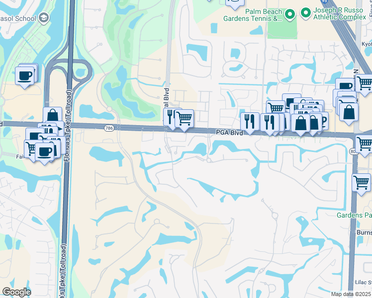 map of restaurants, bars, coffee shops, grocery stores, and more near 516 Commons Drive in West Palm Beach