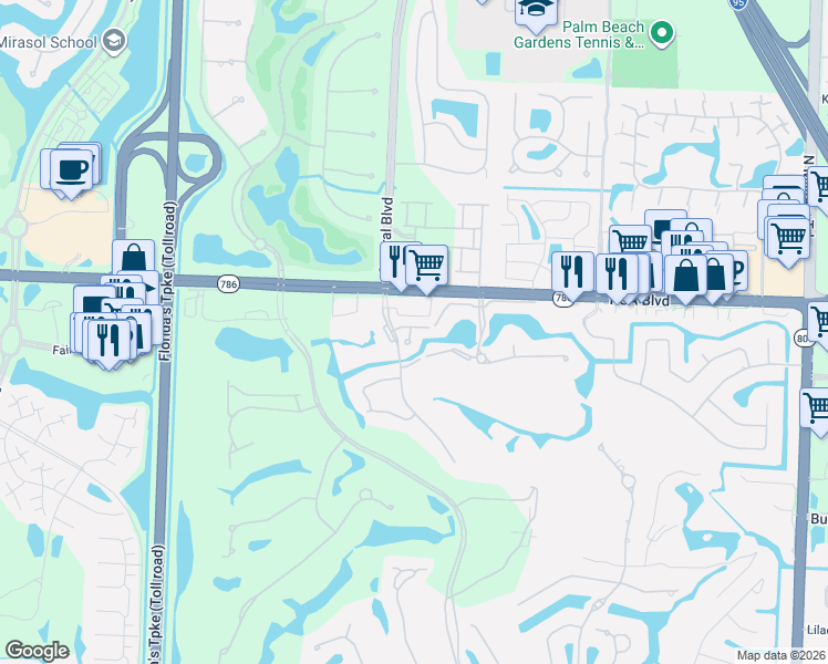 map of restaurants, bars, coffee shops, grocery stores, and more near 614 Commons Lane in Palm Beach Gardens
