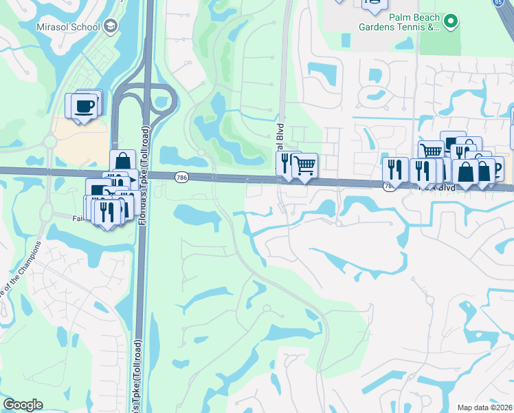 map of restaurants, bars, coffee shops, grocery stores, and more near 5606 Florida 786 in Palm Beach Gardens