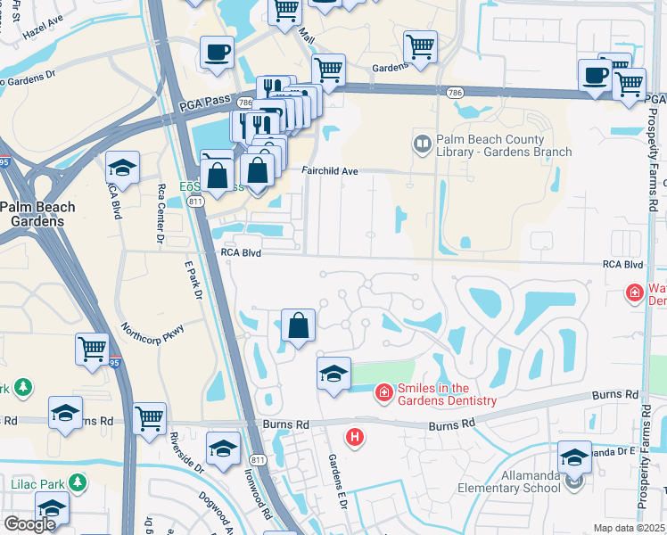 map of restaurants, bars, coffee shops, grocery stores, and more near 4104 Water Oak Court in Palm Beach Gardens