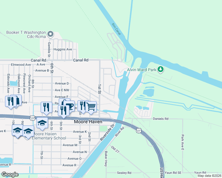 map of restaurants, bars, coffee shops, grocery stores, and more near 819 Big Branch Lane in Moore Haven