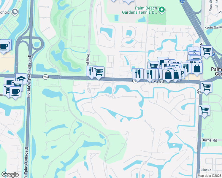 map of restaurants, bars, coffee shops, grocery stores, and more near 5344 Woodland Lakes Drive in Palm Beach Gardens
