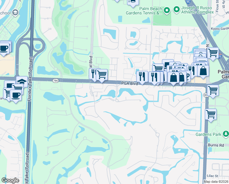 map of restaurants, bars, coffee shops, grocery stores, and more near 5344 Woodland Lakes Drive in Palm Beach Gardens