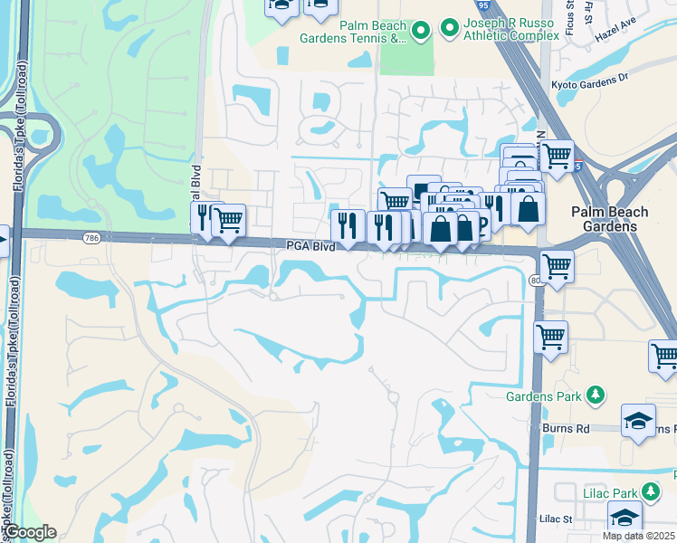 map of restaurants, bars, coffee shops, grocery stores, and more near 5090 Florida 786 in Palm Beach Gardens