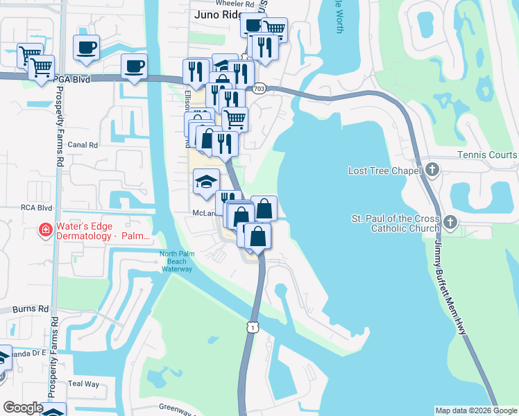 map of restaurants, bars, coffee shops, grocery stores, and more near 107 Water Club Court South in North Palm Beach