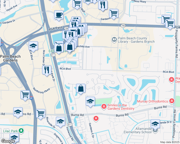 map of restaurants, bars, coffee shops, grocery stores, and more near 4101 Water Oak Court in Palm Beach Gardens