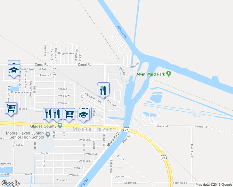 map of restaurants, bars, coffee shops, grocery stores, and more near 812 Big Branch Lane in Moore Haven