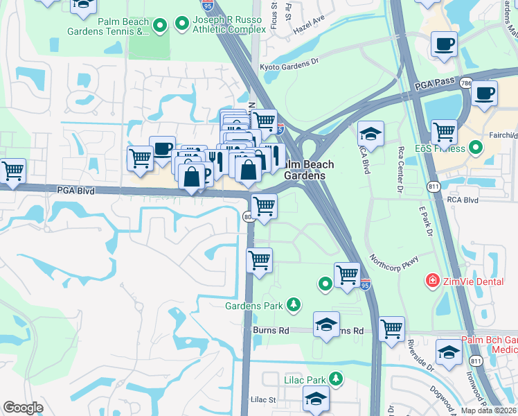 map of restaurants, bars, coffee shops, grocery stores, and more near 4440 PGA Boulevard in Palm Beach Gardens