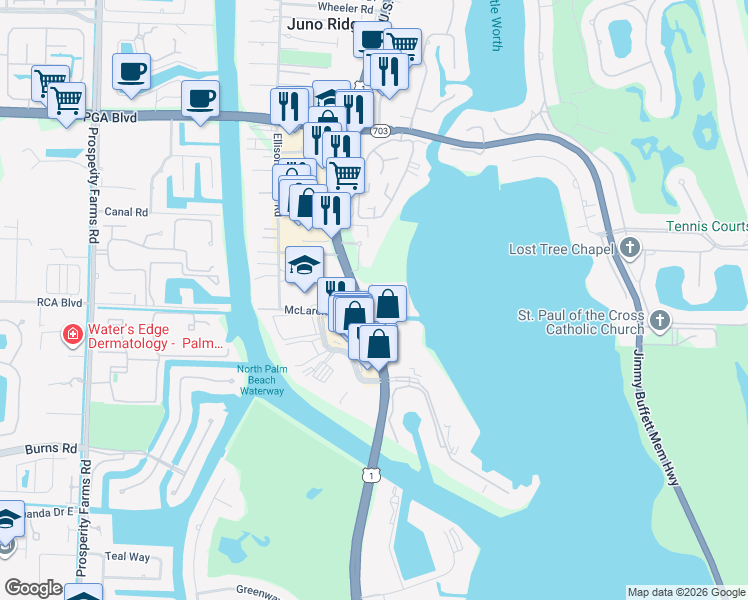 map of restaurants, bars, coffee shops, grocery stores, and more near 107 Water Club Court South in North Palm Beach