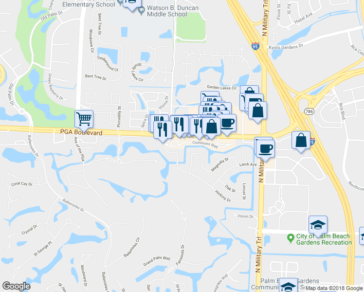 map of restaurants, bars, coffee shops, grocery stores, and more near 338 Commons Way in Palm Beach Gardens