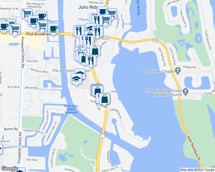 map of restaurants, bars, coffee shops, grocery stores, and more near 107 Water Club Court South in North Palm Beach
