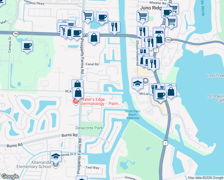 map of restaurants, bars, coffee shops, grocery stores, and more near 2249 Monet Road in West Palm Beach