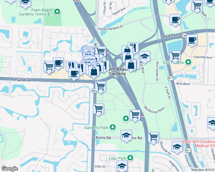 map of restaurants, bars, coffee shops, grocery stores, and more near 4350 PGA Boulevard in Palm Beach Gardens
