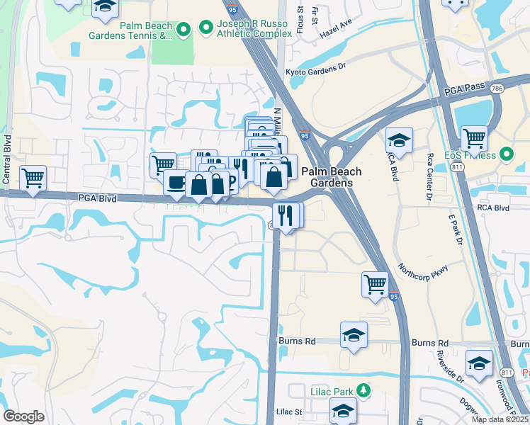 map of restaurants, bars, coffee shops, grocery stores, and more near 4500 Florida 786 in Palm Beach Gardens