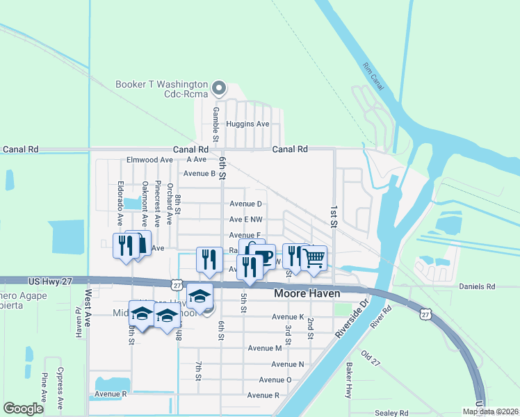 map of restaurants, bars, coffee shops, grocery stores, and more near 428 Avenue D in Moore Haven