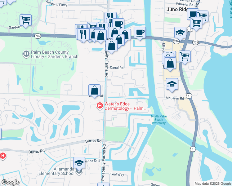 map of restaurants, bars, coffee shops, grocery stores, and more near 107 Renaissance Drive in North Palm Beach