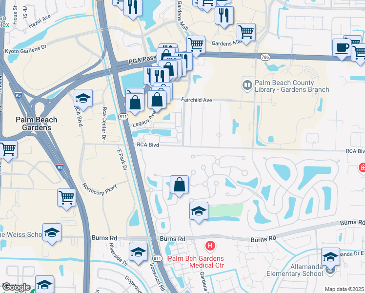 map of restaurants, bars, coffee shops, grocery stores, and more near 10500 North Military Trail in Palm Beach Gardens