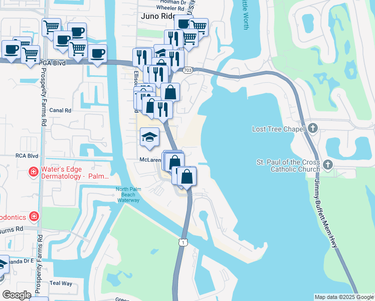 map of restaurants, bars, coffee shops, grocery stores, and more near 107 Water Club Court South in North Palm Beach