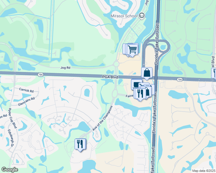 map of restaurants, bars, coffee shops, grocery stores, and more near 100 Avenue of the Champions in Palm Beach Gardens