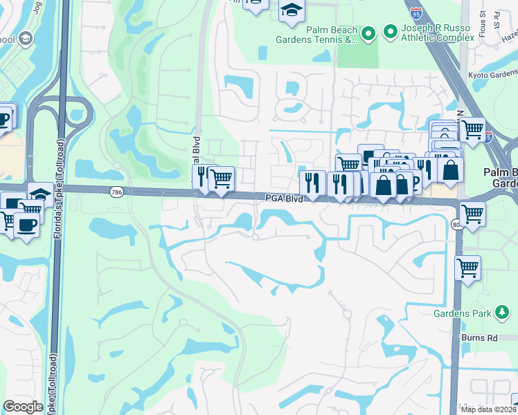 map of restaurants, bars, coffee shops, grocery stores, and more near 5344 Woodland Lakes Drive in Palm Beach Gardens