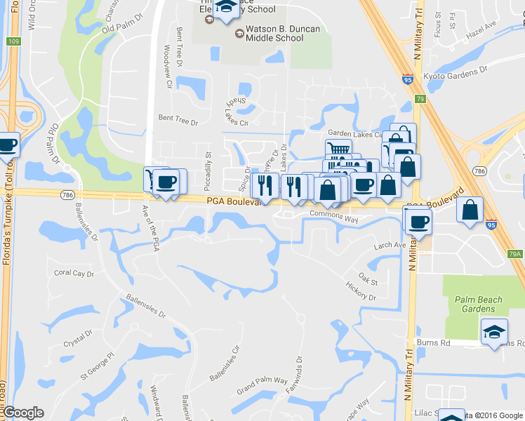 map of restaurants, bars, coffee shops, grocery stores, and more near 5098 PGA Boulevard in Palm Beach Gardens