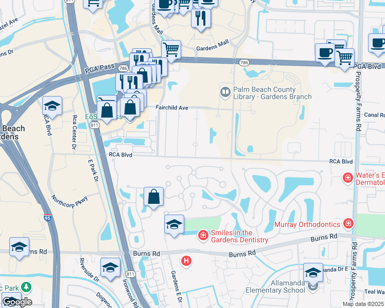 map of restaurants, bars, coffee shops, grocery stores, and more near 3363 RCA Boulevard in Palm Beach Gardens