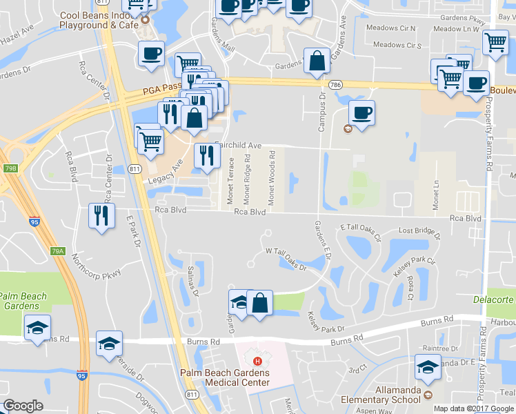 map of restaurants, bars, coffee shops, grocery stores, and more near 3363 Rca Boulevard in Palm Beach Gardens