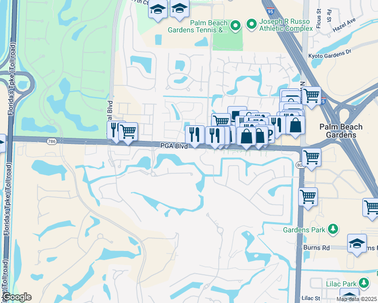 map of restaurants, bars, coffee shops, grocery stores, and more near 5090 Florida 786 in Palm Beach Gardens