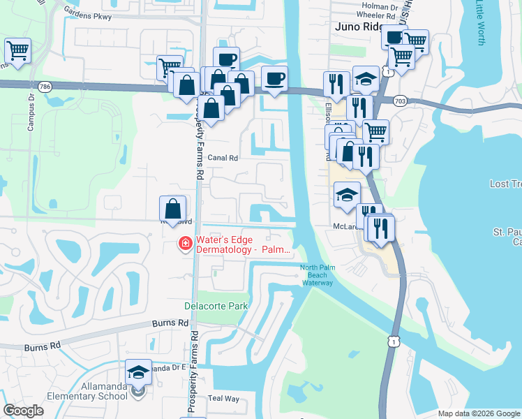 map of restaurants, bars, coffee shops, grocery stores, and more near 2249 Monet Road in West Palm Beach