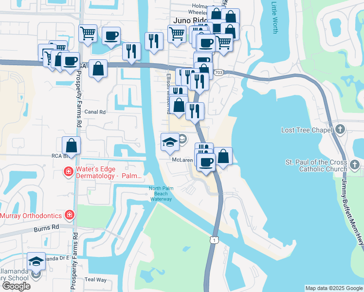 map of restaurants, bars, coffee shops, grocery stores, and more near 11000 Ellison Wilson Road in North Palm Beach