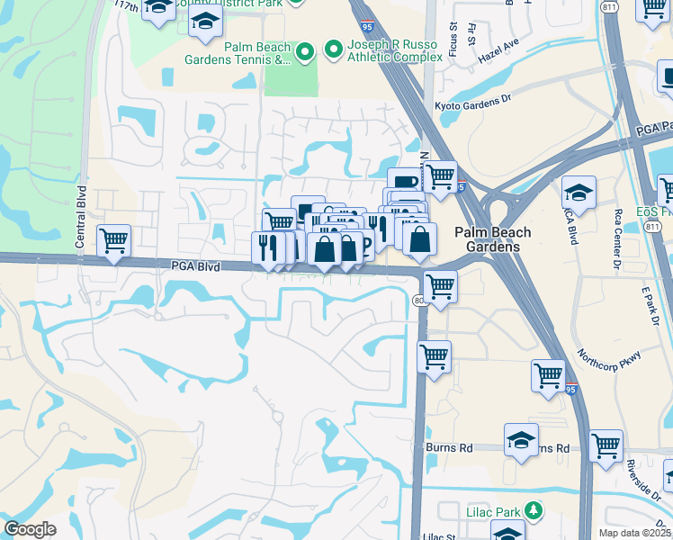 map of restaurants, bars, coffee shops, grocery stores, and more near 4530 PGA Boulevard in Palm Beach Gardens