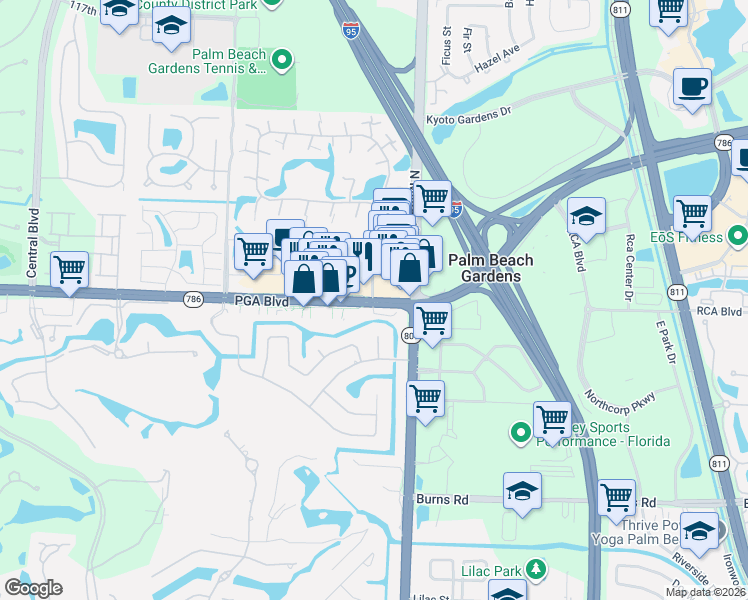 map of restaurants, bars, coffee shops, grocery stores, and more near 4571 PGA Boulevard in Palm Beach Gardens
