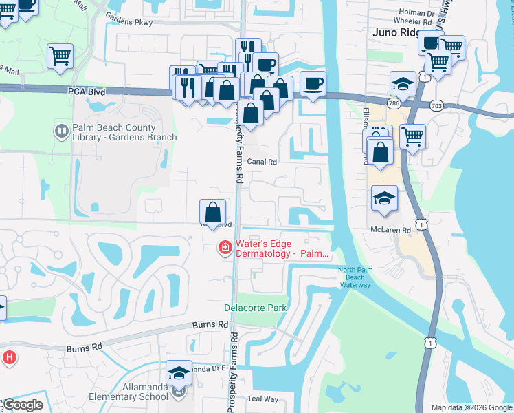 map of restaurants, bars, coffee shops, grocery stores, and more near 11000 Prosperity Farms Road in Palm Beach Gardens