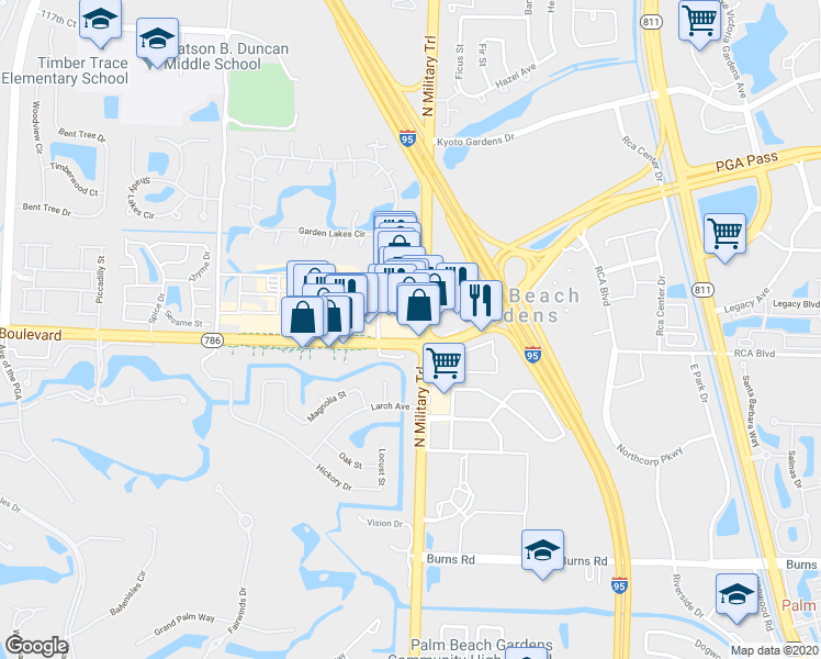 map of restaurants, bars, coffee shops, grocery stores, and more near 10949 North Military Trail in Palm Beach Gardens