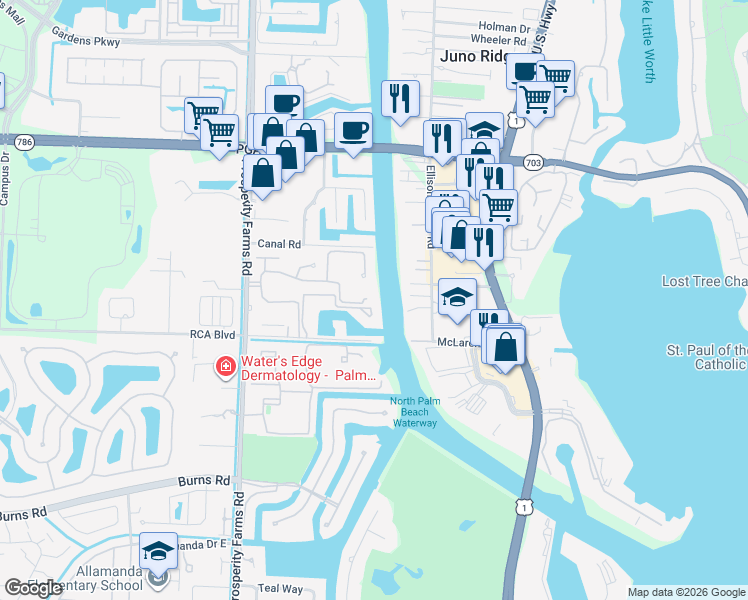 map of restaurants, bars, coffee shops, grocery stores, and more near 702 Maritime Way in West Palm Beach