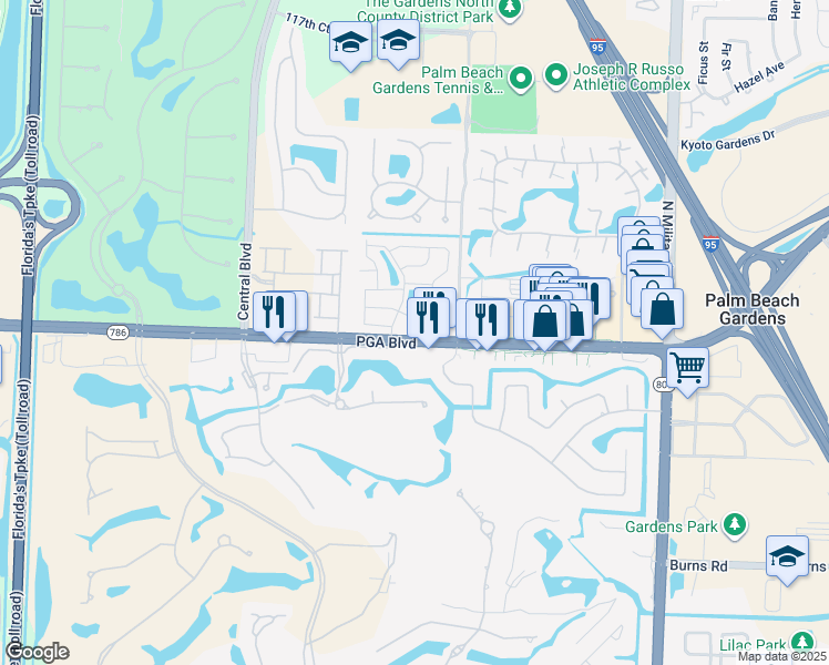 map of restaurants, bars, coffee shops, grocery stores, and more near 5108 Sesame Street in Palm Beach Gardens