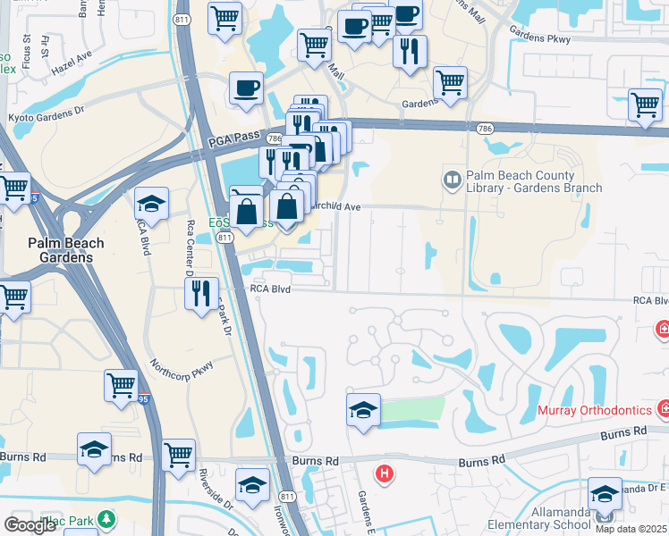 map of restaurants, bars, coffee shops, grocery stores, and more near Legacy Place in Palm Beach Gardens