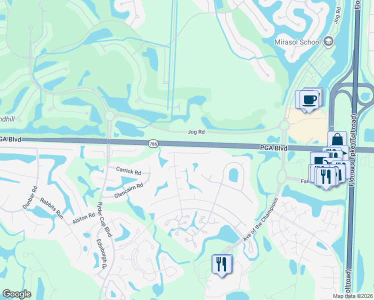 map of restaurants, bars, coffee shops, grocery stores, and more near 64 Tournament Boulevard in Palm Beach Gardens