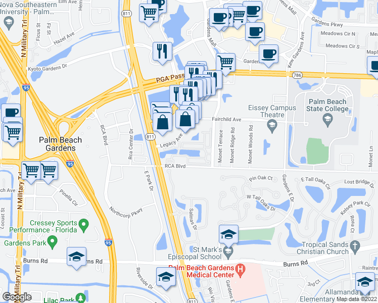 map of restaurants, bars, coffee shops, grocery stores, and more near 11025 Legacy Boulevard in Palm Beach Gardens