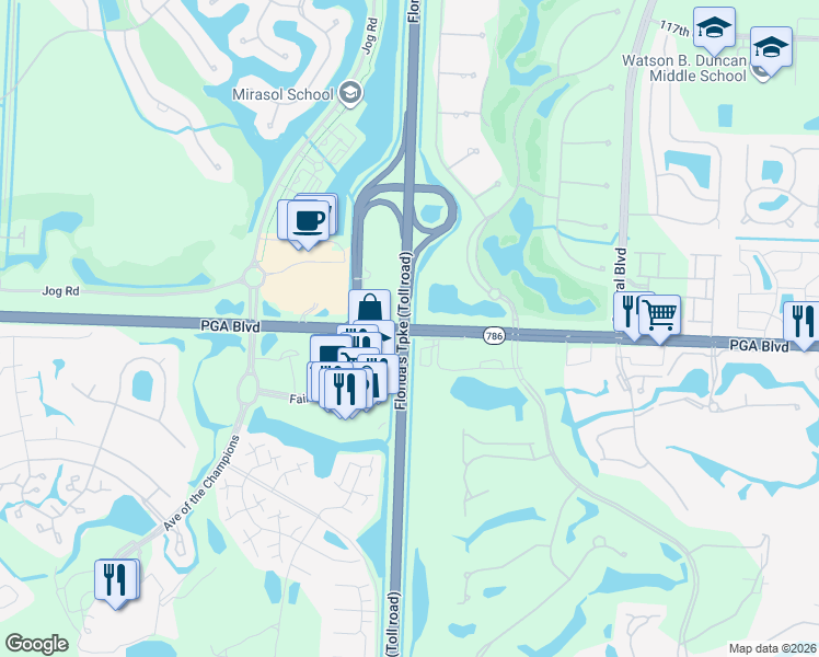 map of restaurants, bars, coffee shops, grocery stores, and more near 7095 PGA Boulevard in Palm Beach Gardens